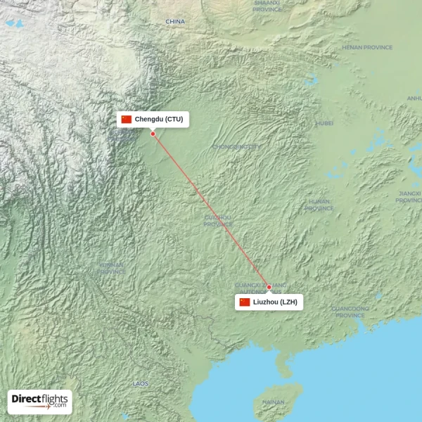 Liuzhou - Chengdu direct flight map