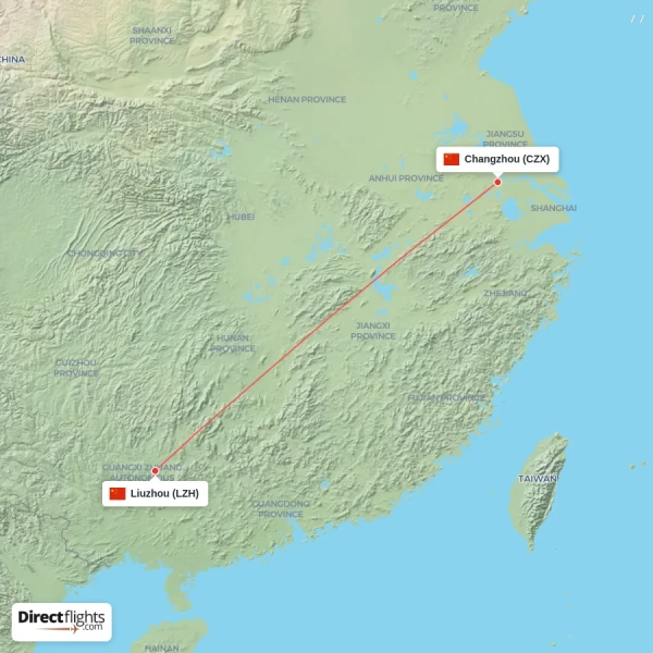 Liuzhou - Changzhou direct flight map