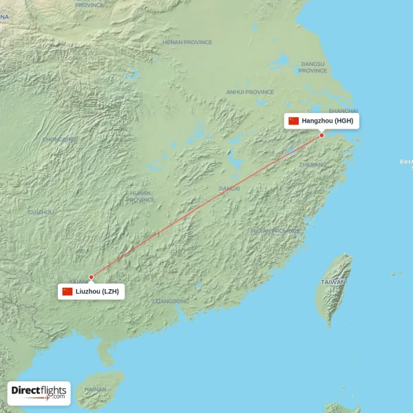 Liuzhou - Hangzhou direct flight map