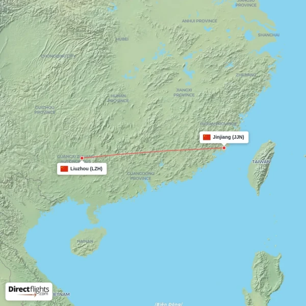 Liuzhou - Jinjiang direct flight map