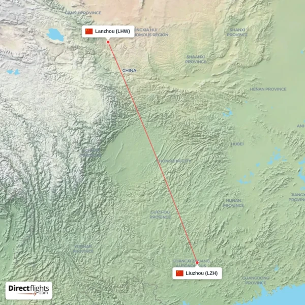 Liuzhou - Lanzhou direct flight map