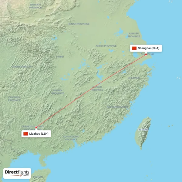 Liuzhou - Shanghai direct flight map