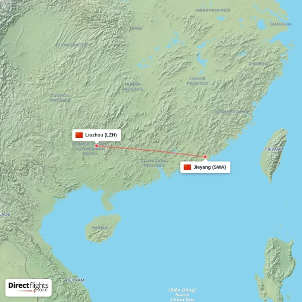 Liuzhou - Jieyang direct flight map