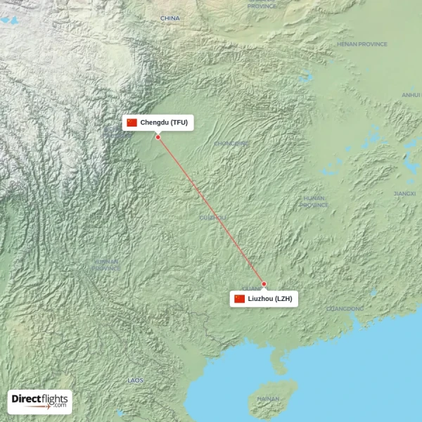 Liuzhou - Chengdu direct flight map