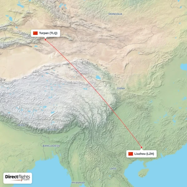Liuzhou - Turpan direct flight map