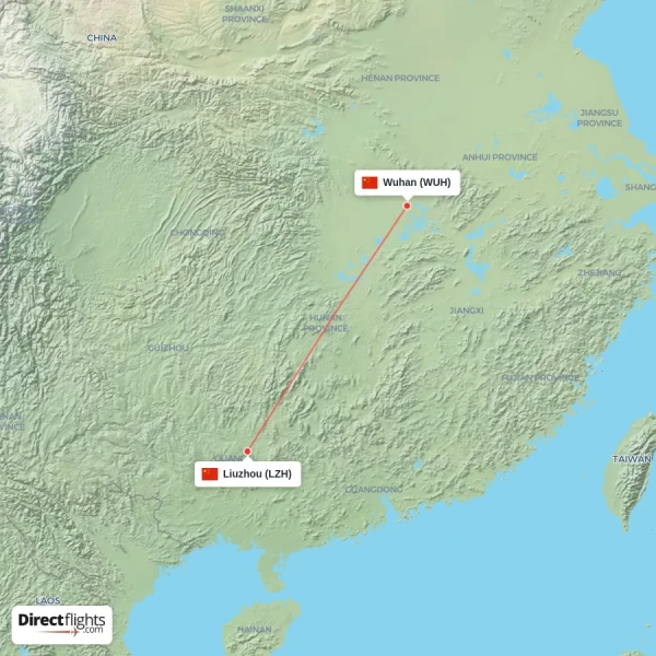 Liuzhou - Wuhan direct flight map