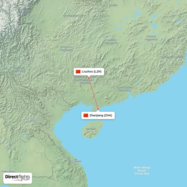 Liuzhou - Zhanjiang direct flight map