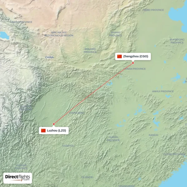 Luzhou - Zhengzhou direct flight map