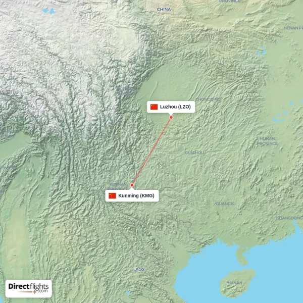 Luzhou - Kunming direct flight map