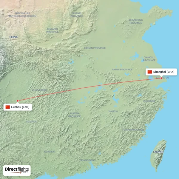 Luzhou - Shanghai direct flight map