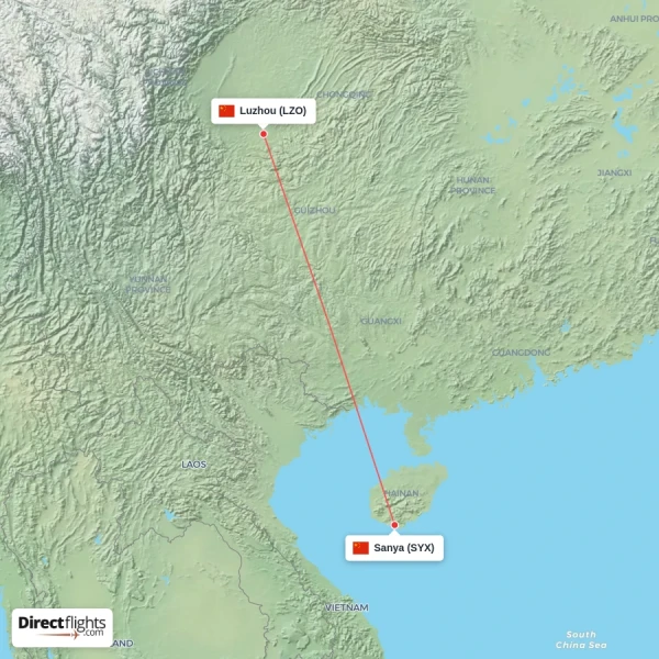 Luzhou - Sanya direct flight map