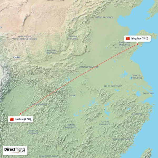 Luzhou - Qingdao direct flight map