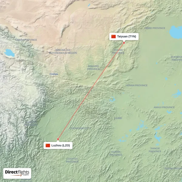 Luzhou - Taiyuan direct flight map