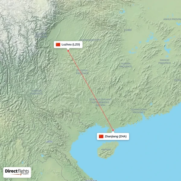 Luzhou - Zhanjiang direct flight map