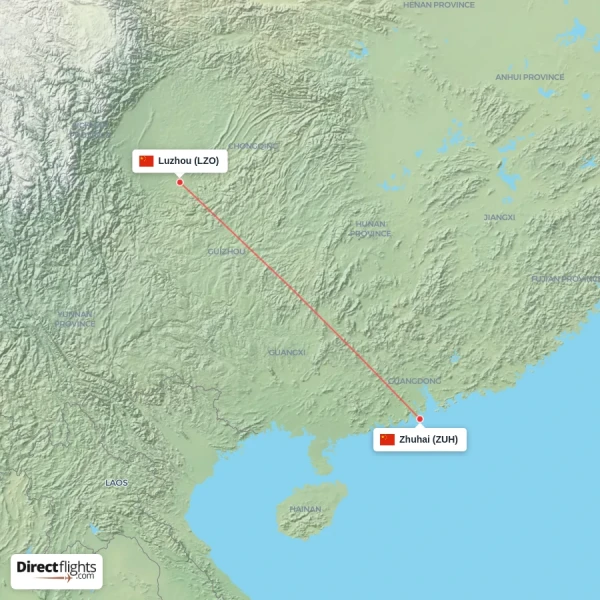 Luzhou - Zhuhai direct flight map