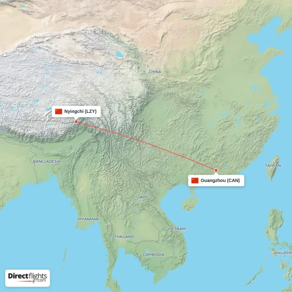 Nyingchi - Guangzhou direct flight map