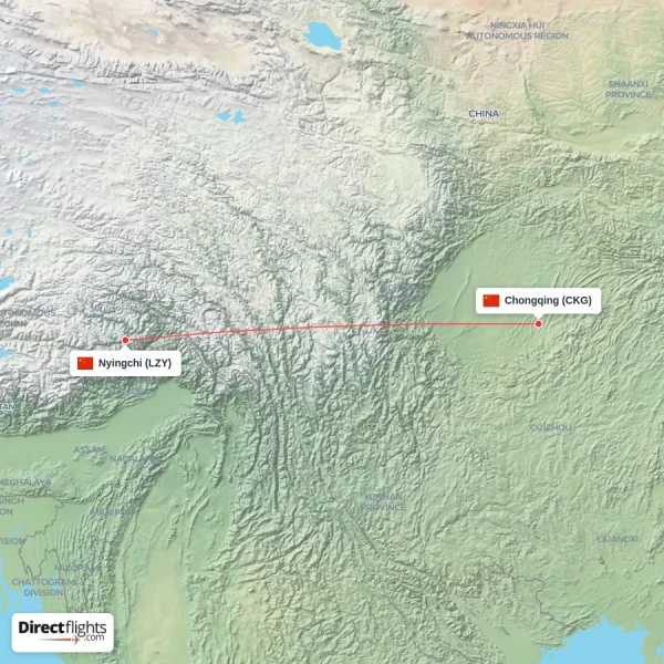 Nyingchi - Chongqing direct flight map