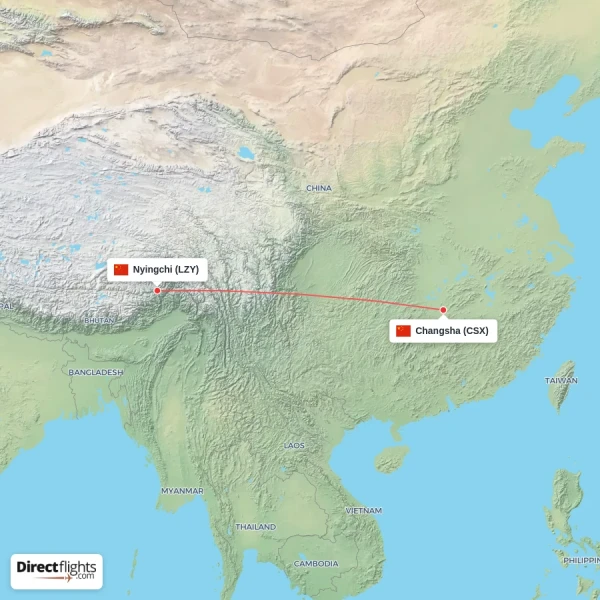 Nyingchi - Changsha direct flight map