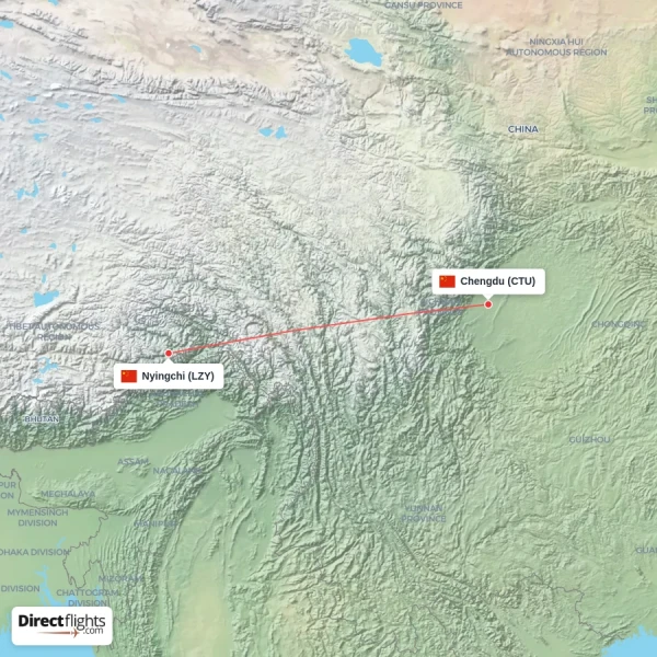 Nyingchi - Chengdu direct flight map