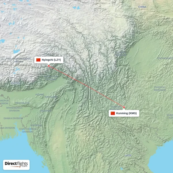 Nyingchi - Kunming direct flight map