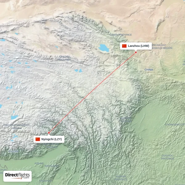 Nyingchi - Lanzhou direct flight map