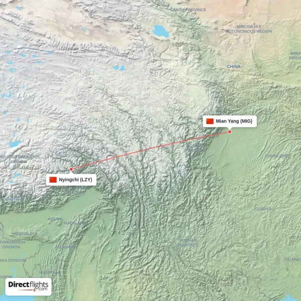 Nyingchi - Mian Yang direct flight map