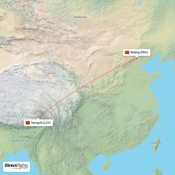 Nyingchi - Beijing direct flight map