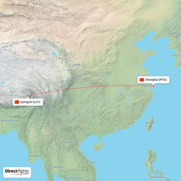Nyingchi - Shanghai direct flight map