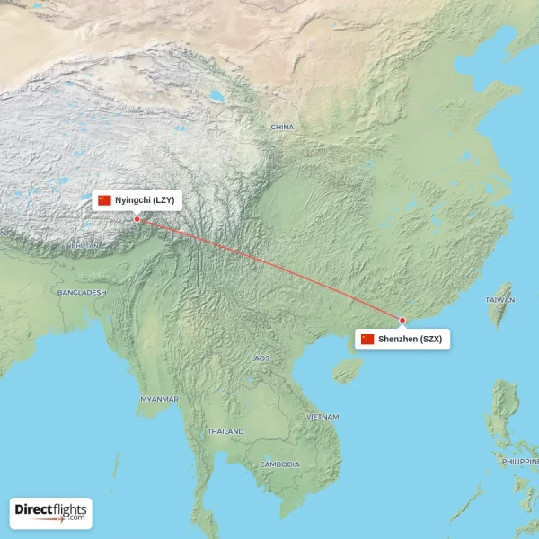 Nyingchi - Shenzhen direct flight map