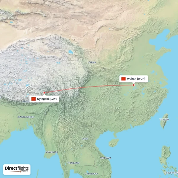 Nyingchi - Wuhan direct flight map