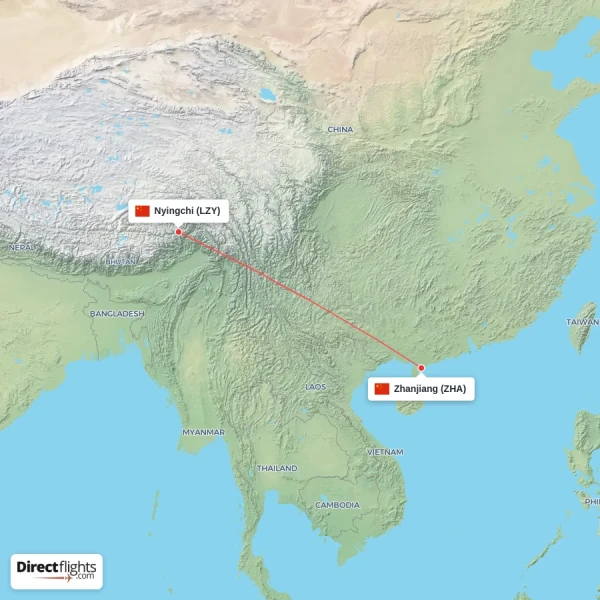 Nyingchi - Zhanjiang direct flight map