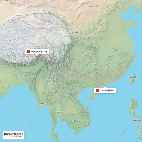 Nyingchi - Zhuhai direct flight map