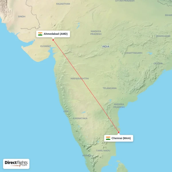 Chennai - Ahmedabad direct flight map