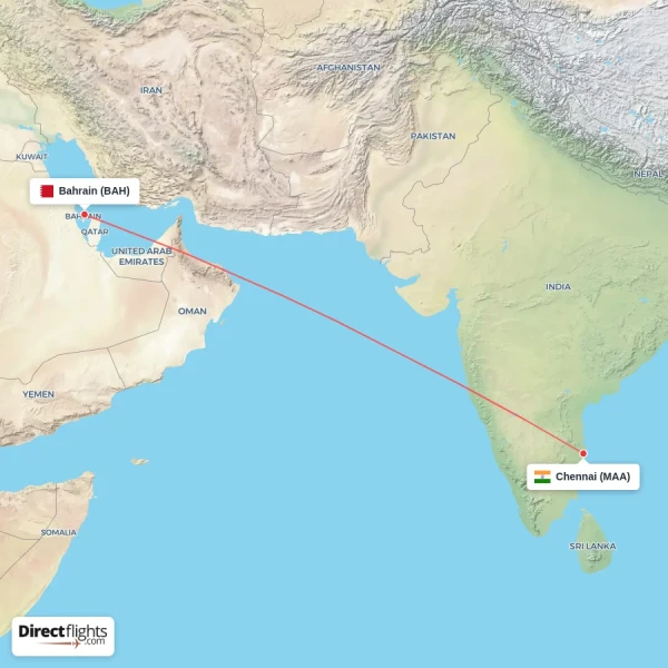 Chennai - Bahrain direct flight map