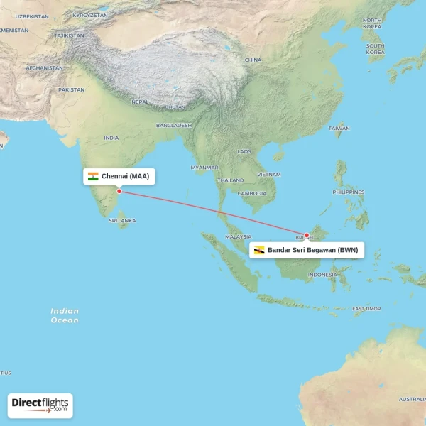 Chennai - Bandar Seri Begawan direct flight map