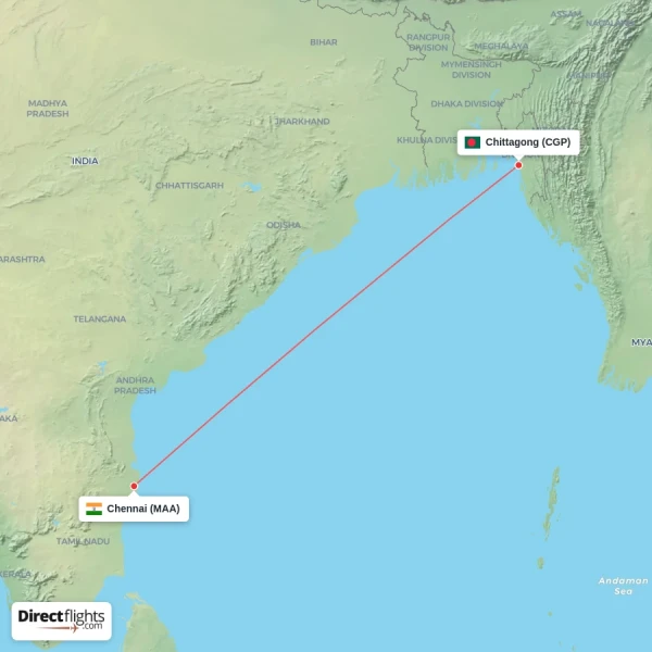 Chennai - Chittagong direct flight map