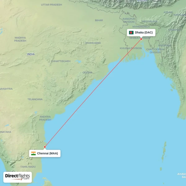 Chennai - Dhaka direct flight map