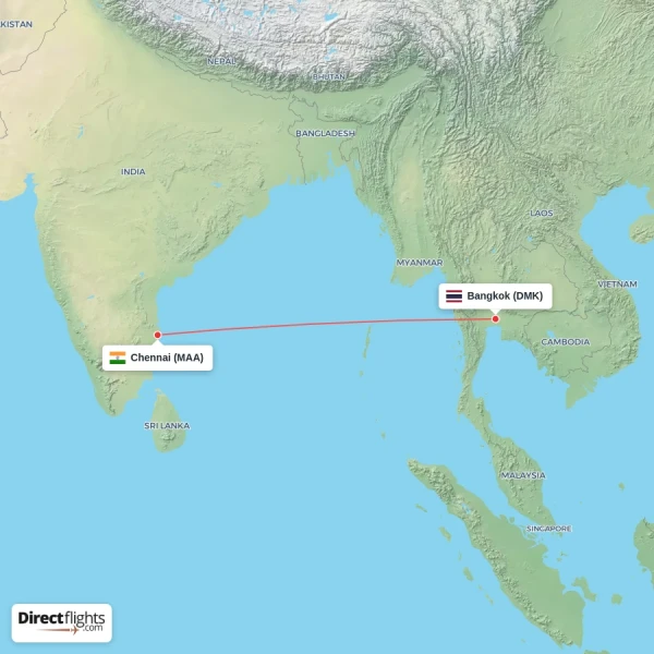 Chennai - Bangkok direct flight map