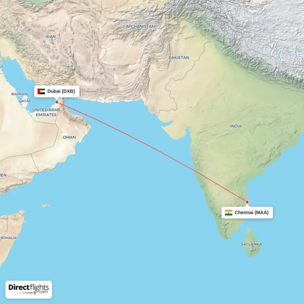 Chennai - Dubai direct flight map
