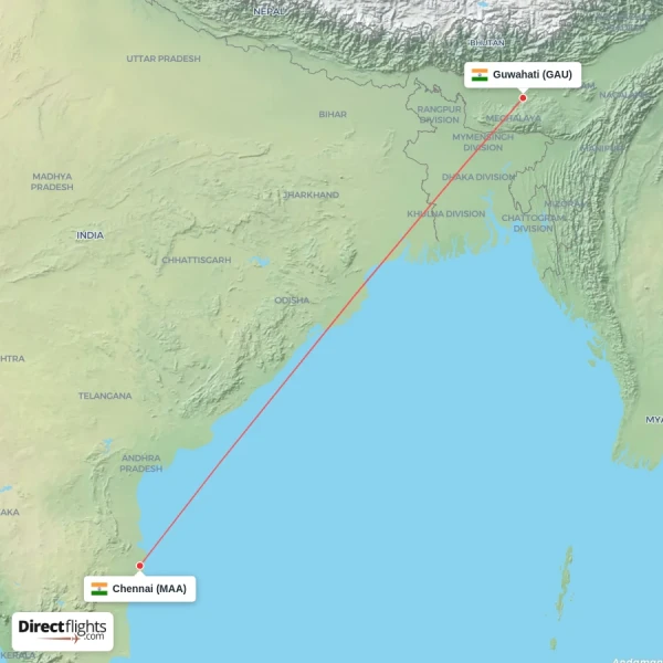 Chennai - Guwahati direct flight map