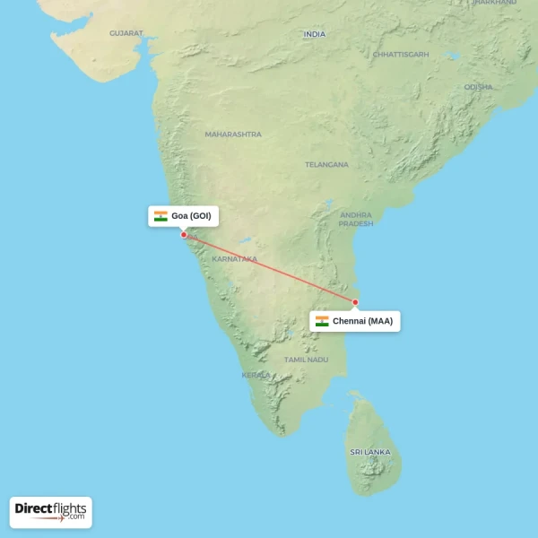 Chennai - Goa direct flight map