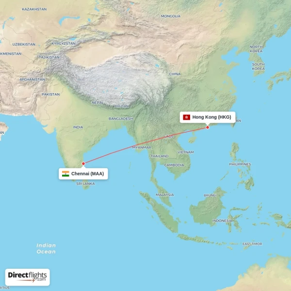 Chennai - Hong Kong direct flight map