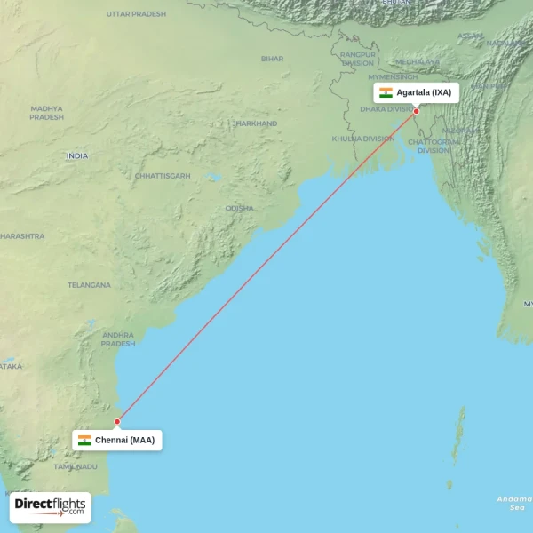 Chennai - Agartala direct flight map