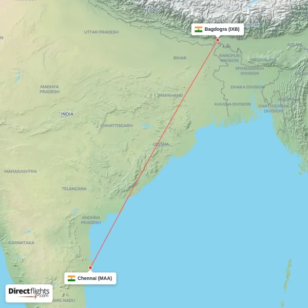 Chennai - Bagdogra direct flight map