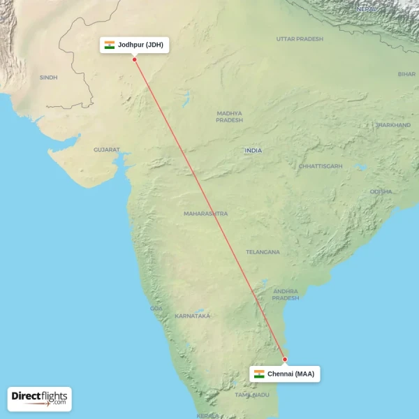 Chennai - Jodhpur direct flight map