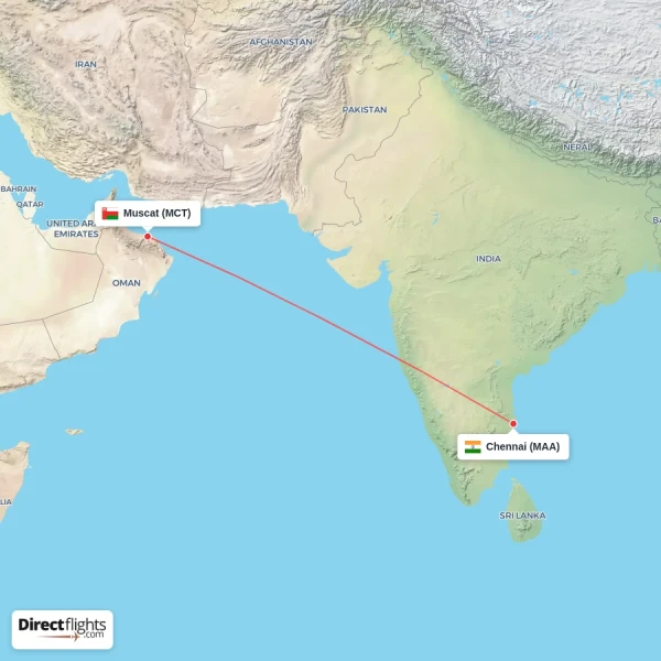 Chennai - Muscat direct flight map