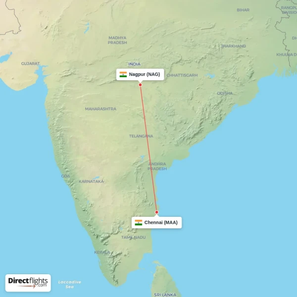 Chennai - Nagpur direct flight map