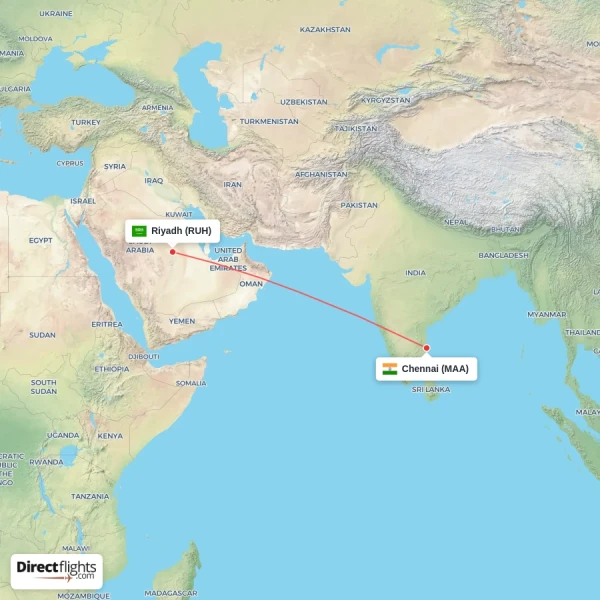 Chennai - Riyadh direct flight map