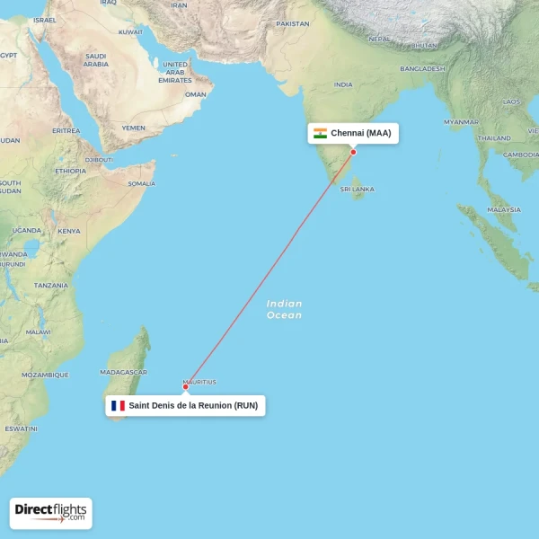 Chennai - Saint Denis de la Reunion direct flight map