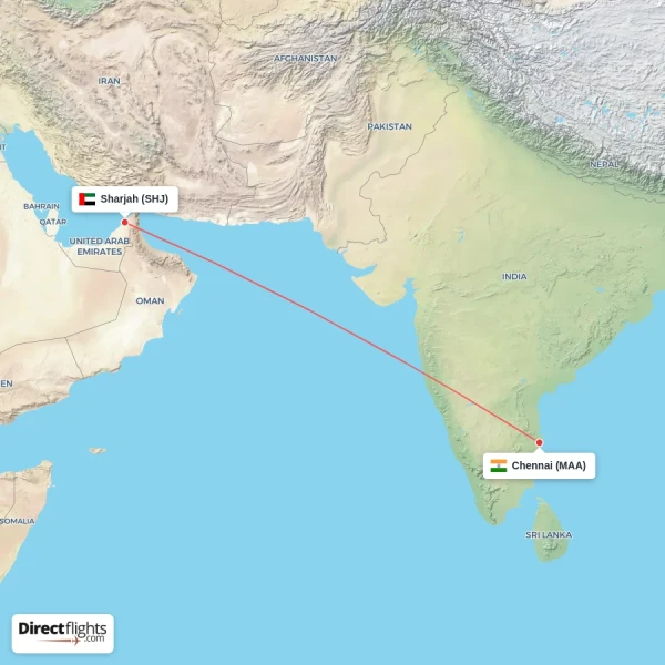 Chennai - Sharjah direct flight map